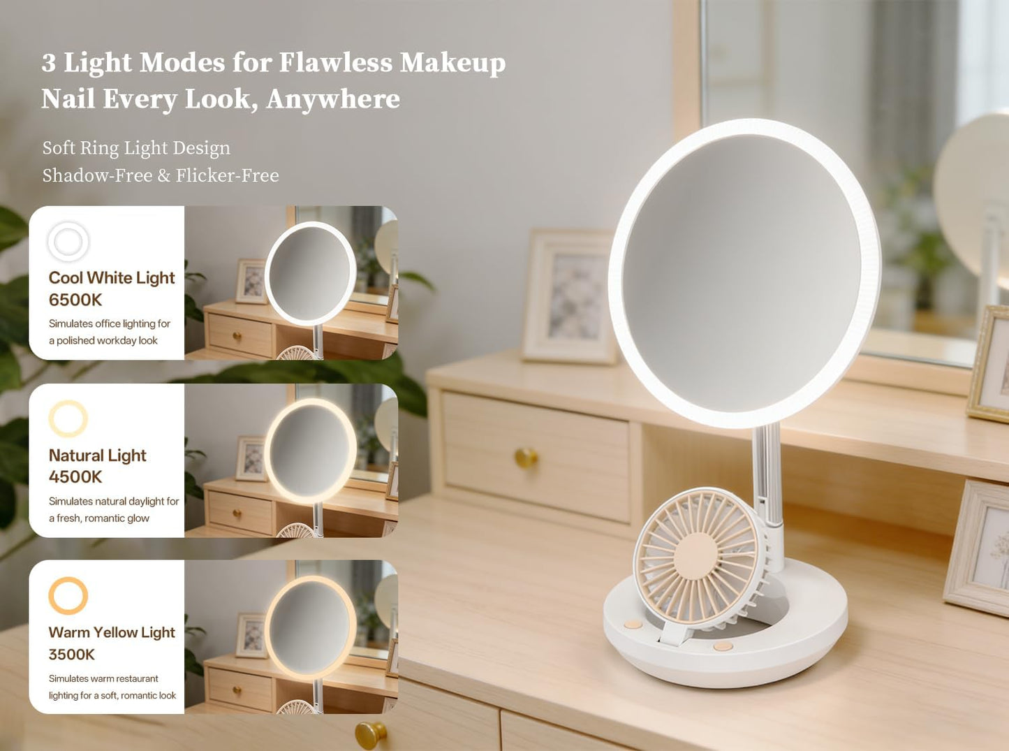 LED Makeup Mirror - 3-in-1 Rechargeable Vanity Mirror with Fan & Ring Light | 3 Color Modes, Stepless Dimming, Portable (White)