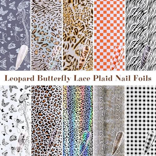 10 Rolls Nail Art Foil Stickers - Butterfly, Leopard & Lace Designs