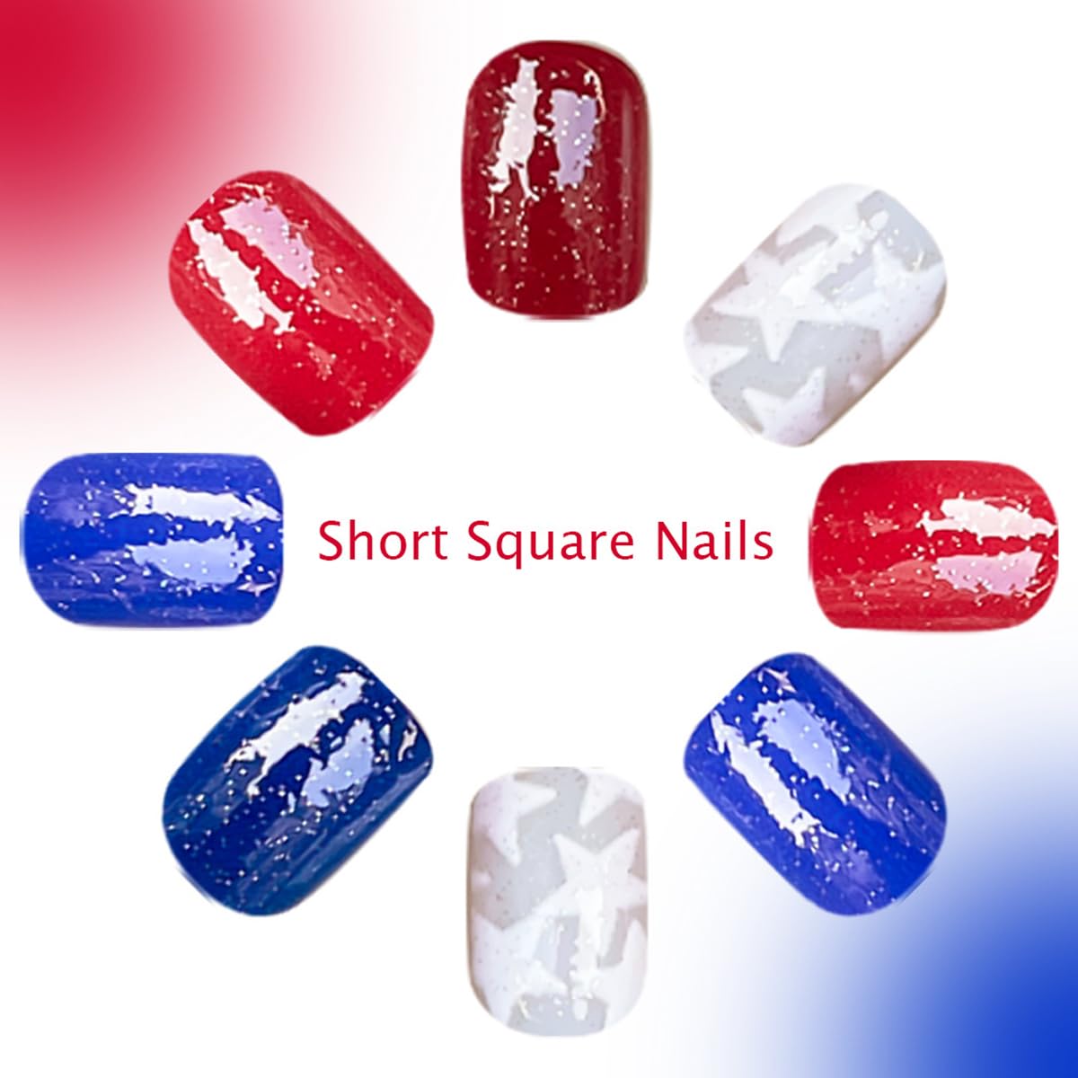 4th of July Press on Nails Short Square Fake Nails Red Blue Glitter Glue on Nail with Star Designs Independence Day Press ons Stick on Nail 4th of July Nails for Women Manicure 24Pcs