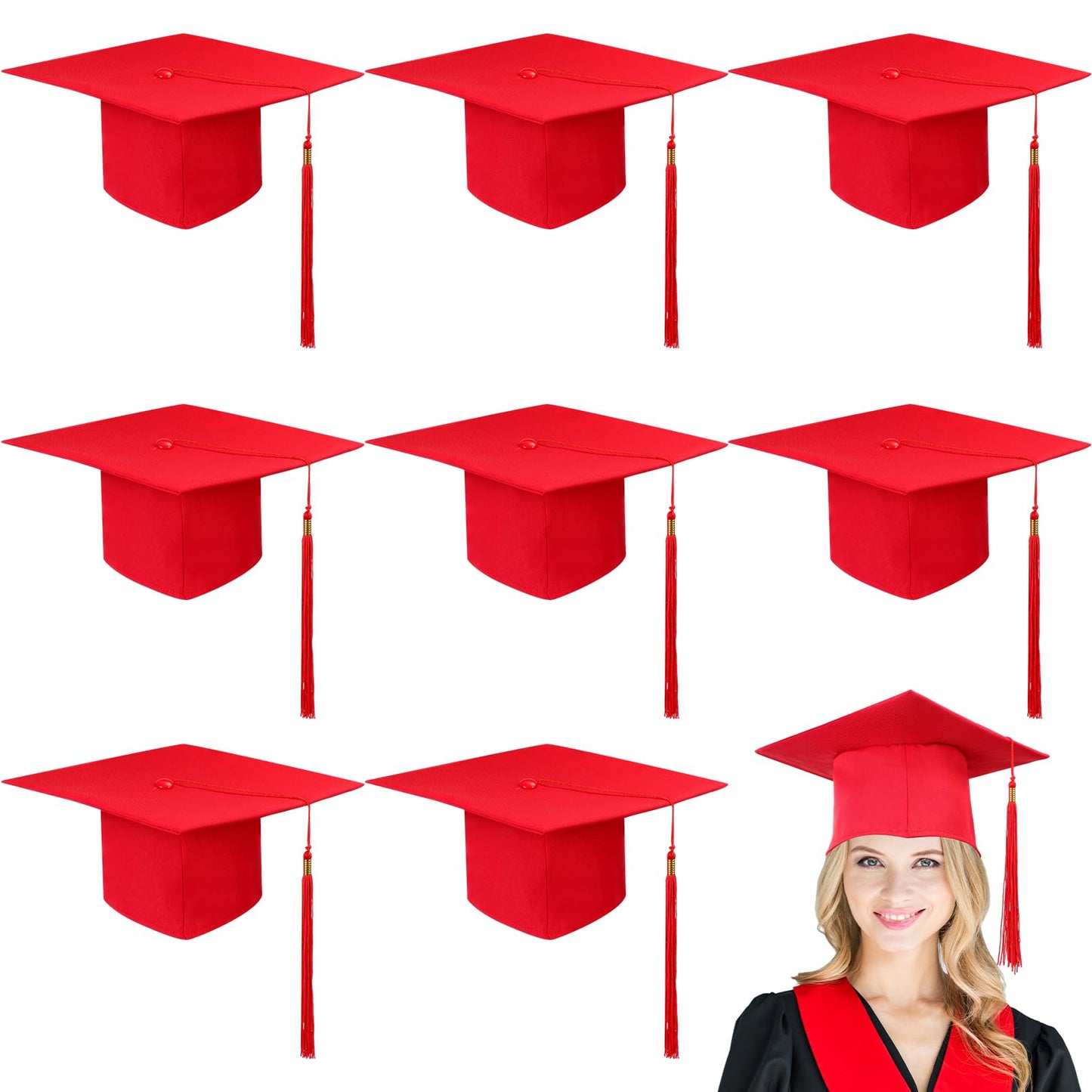 Geyoga 8 Pcs Graduation Cap Bulk Adjustable Adult Graduation Hat with Tassel for Graduate Fancy Dress Accessory Photo Props(Red)