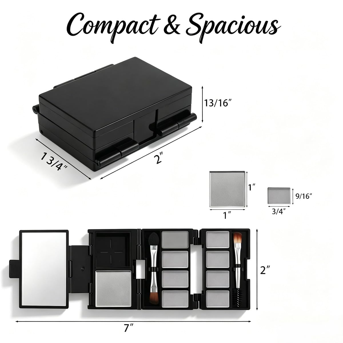 Foldable Magnetic Makeup Palette - DIY Eyeshadow Storage Case with Mirror, 3-Layer Organizer | Includes 10 Pans & Brush, Black