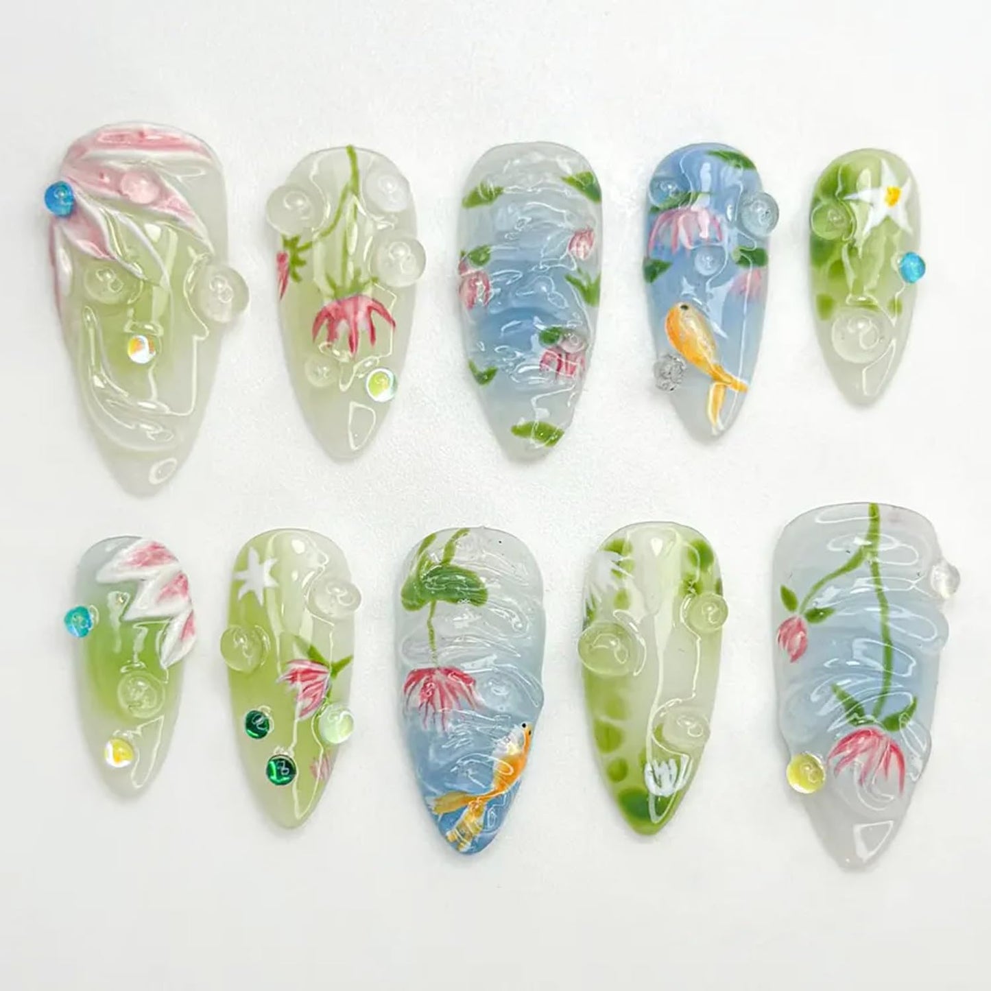 3D Pink Flower Press-On Nails - Nude Pink Gradient French Tip | Medium Almond, Reusable 30 Pcs for Weddings