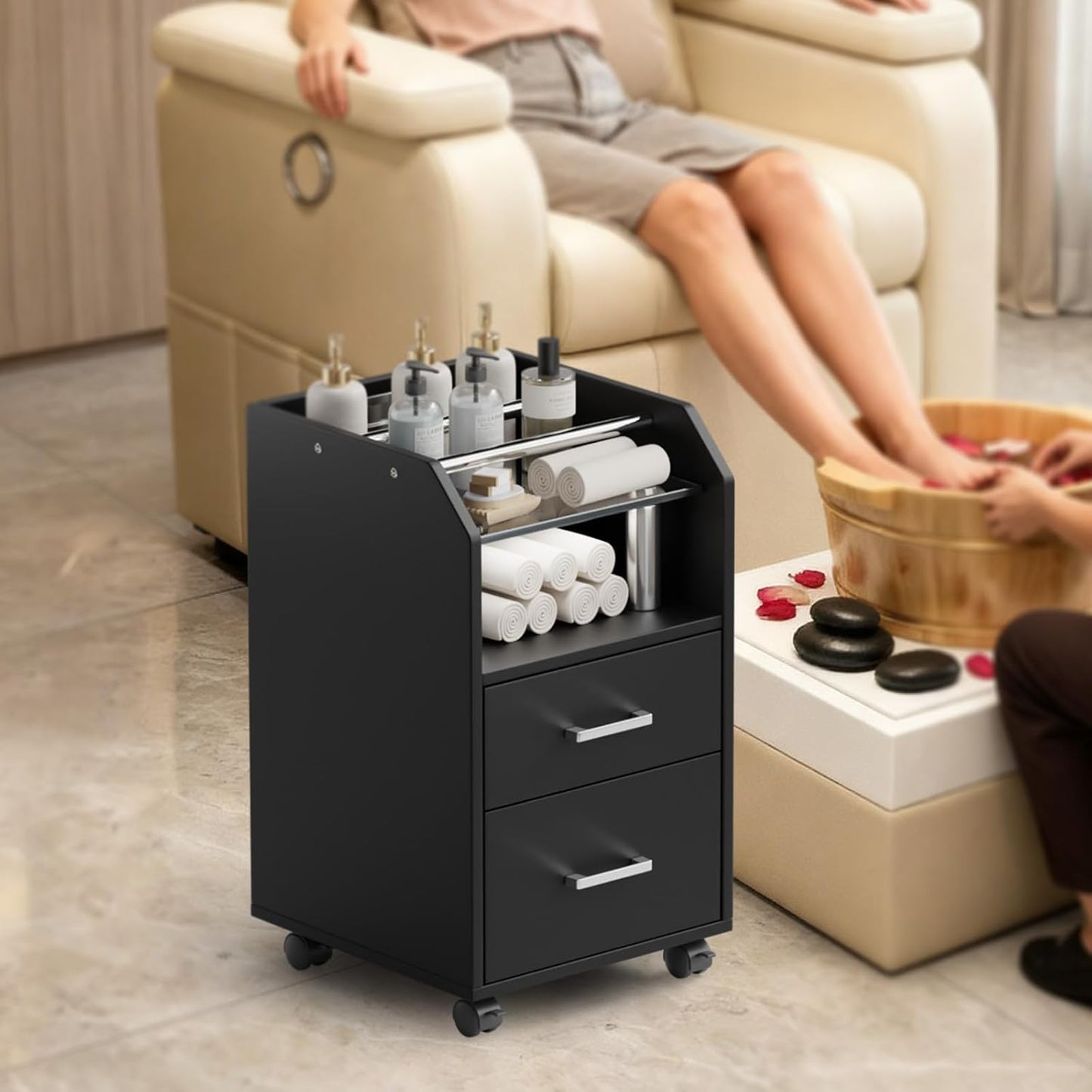 Pedicure Cart - Portable Foot Bath Trolley with Storage Drawer & Bottle Racks | Black Salon Station for Estheticians
