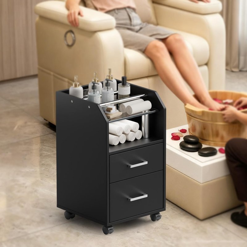 Pedicure Cart with Storage Drawer - Portable Black Salon Station for Estheticians | Foot Bath Trolley with Locking Wheels