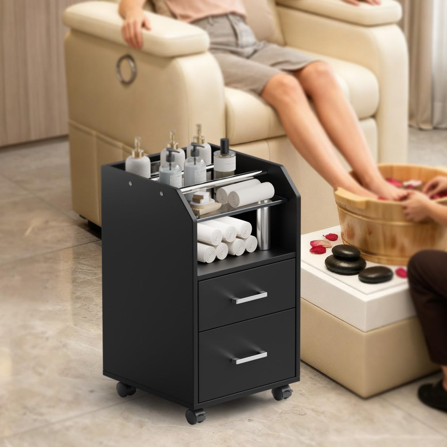 OmySalon Pedicure Cart, Foot Bath Trolley with Storage Drawer & Bottle Racks, Portable Salon Station for Esthetician Manicure & Foot Massage, Beauty Spa Supplies with Locking Wheels, Black
