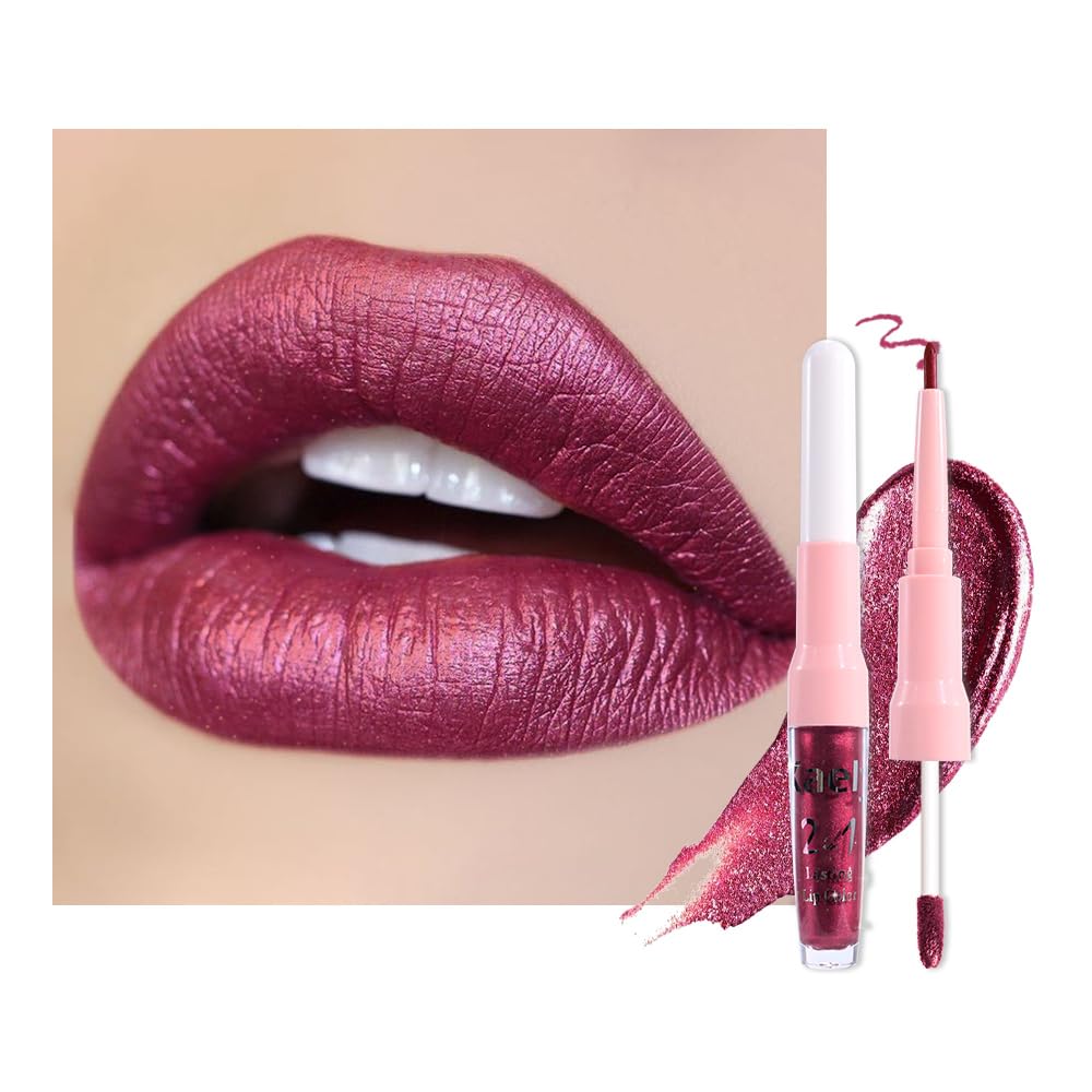Kaely 2-in-1 Mauve Metallic Lipstick and Lip Liner Makeup, Shimmer Liquid Metallic Lipsticks for Women, Glitter Lip Gloss Stain Long Lasting Waterproof Smudge Proof 24 Hour, Vegan & Cruelty-Free, 16