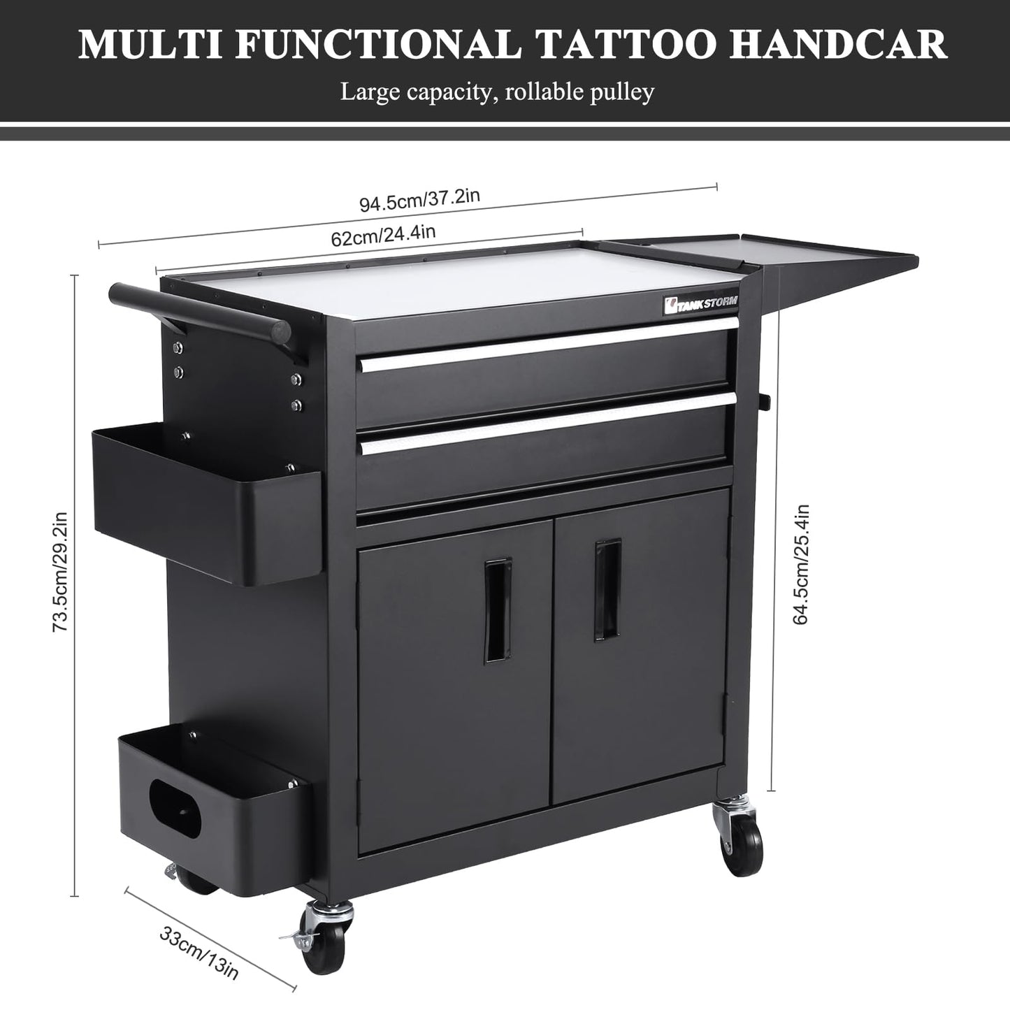 Professional Mobile Rolling Hair Stylist & Tattoo Station Black Steel