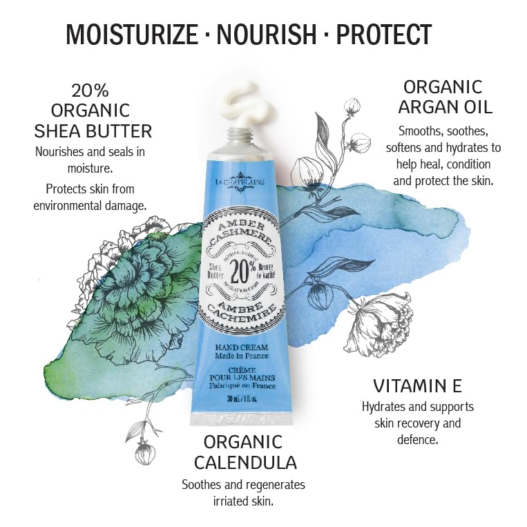La Chatelaine Shea Butter Hand Cream - Organic Argan Oil, Moisturizing & Nourishing | Travel Size 1 oz/30ml - Amber Cashmere