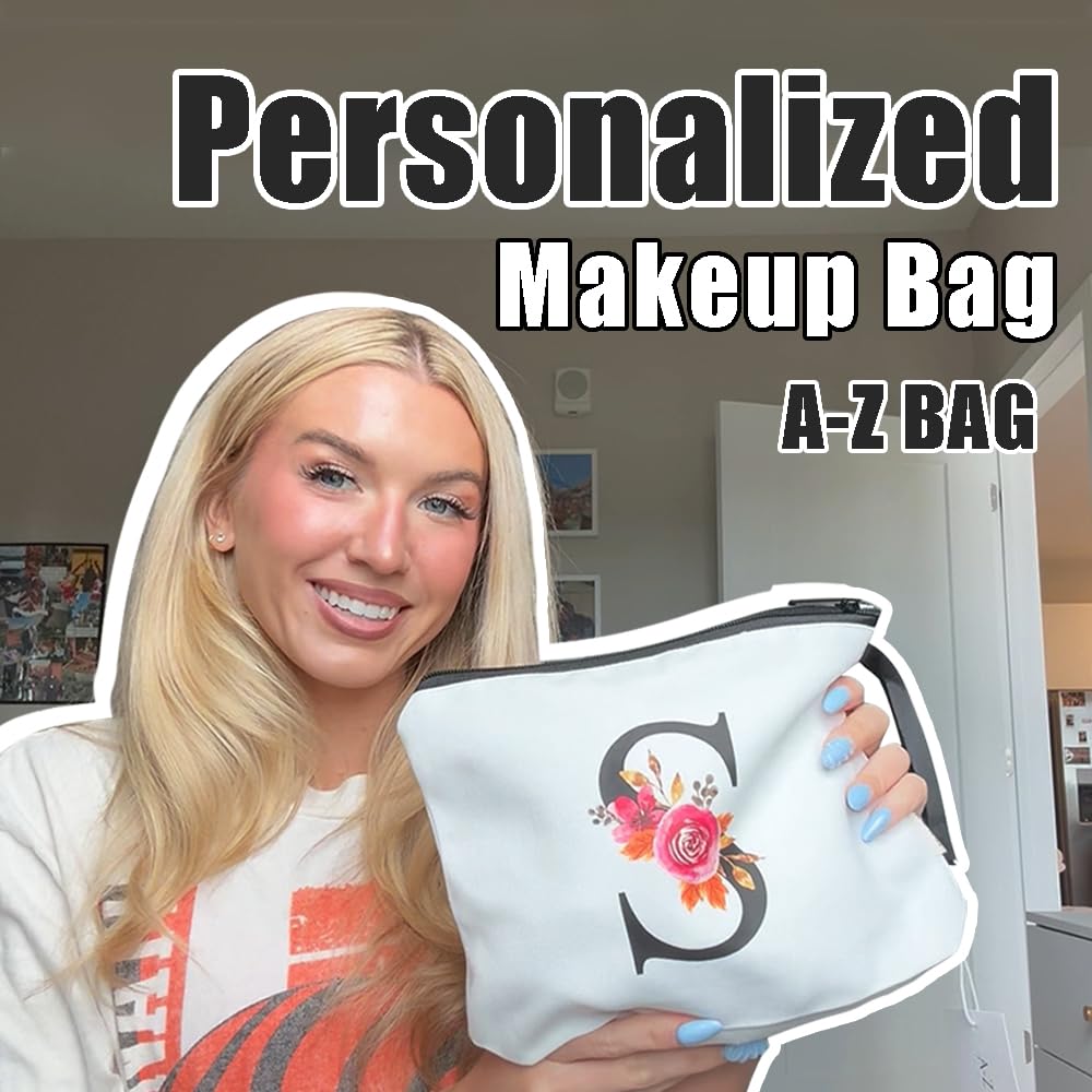 A-Z BAG Personalized Makeup Bag, Birthday Gifts for Women Mom, Gifts for Best Friend, Bride Bridesmaid Cosmetic bag (S, White)