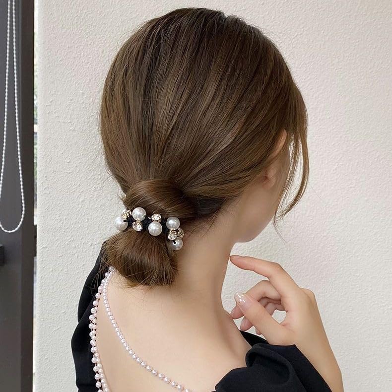 Chic Rhinestone & Faux Pearl Flower Hair Ties - 2pcs Set for Girls | Stylish Everyday & Vacation Accessory, Black