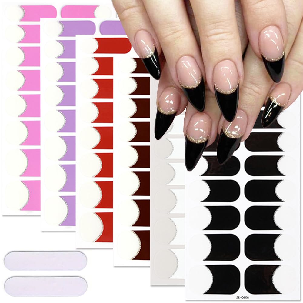 French Tip Full Nail Wraps Nail Polish Strips 6Sheets Self-Adhesive Gel Nail Stickers for Nail Art French Tip Nail Full Wraps French Nail Designs Manicure Supply for Women DIY Nail Art Decorations Set