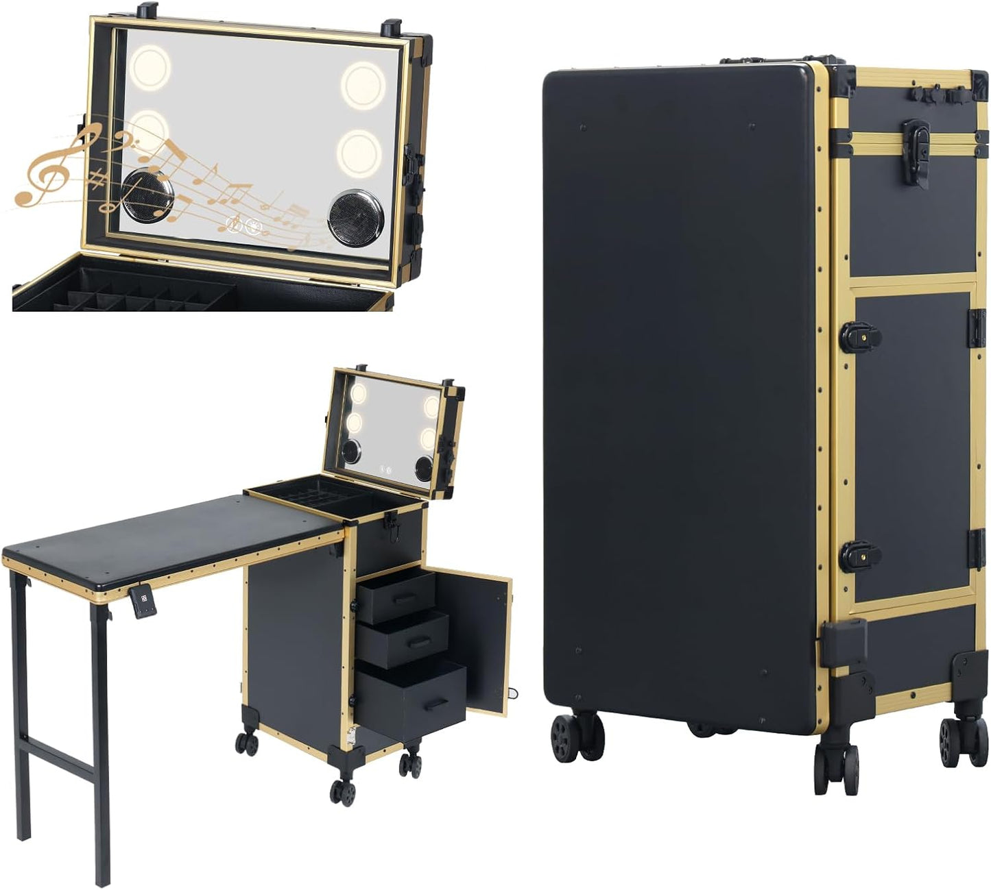 Portable Nail Desk - Foldable Manicure Table with 3 Drawers & Mirror | Mobile Nail Tech Workstation with Wheels, Black