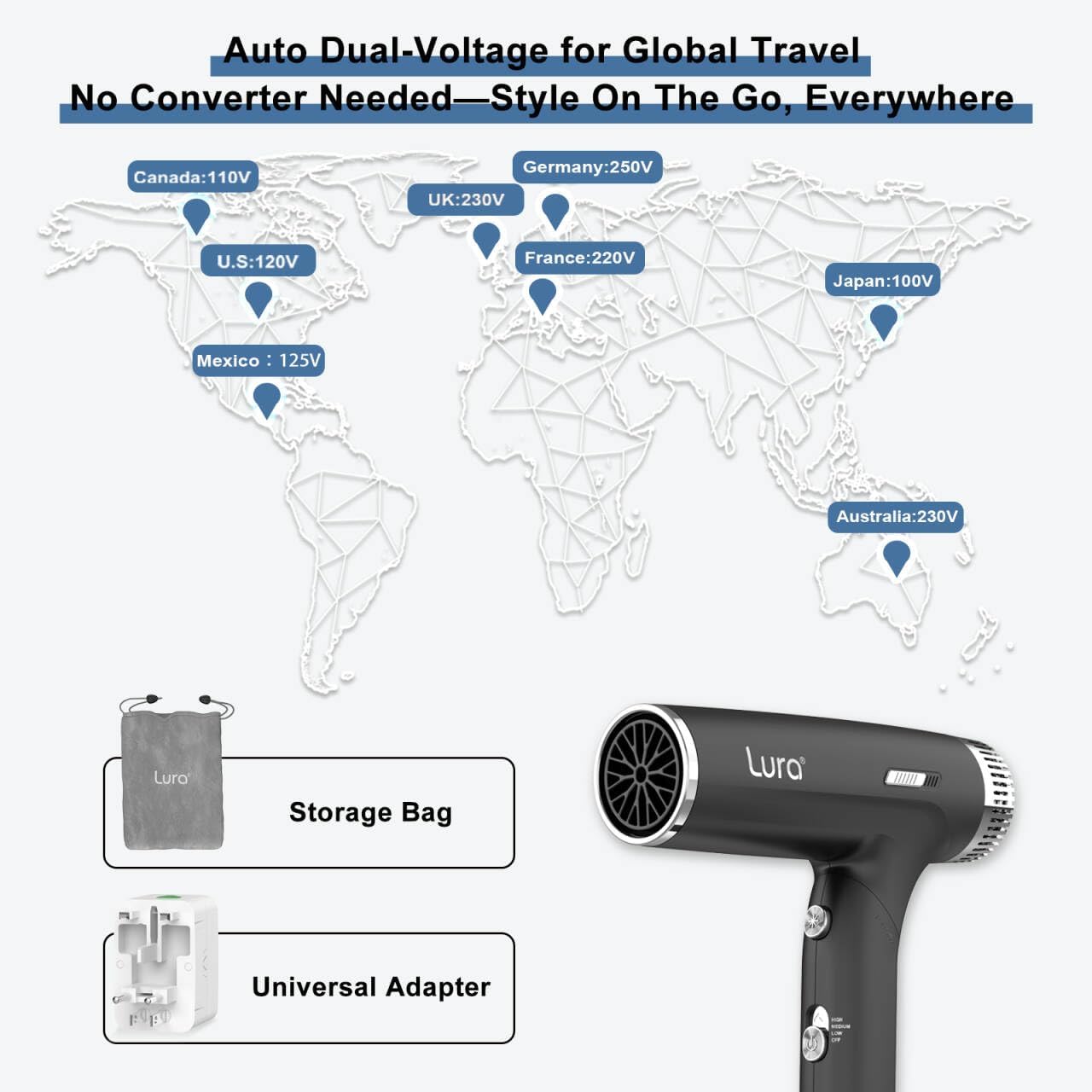 Dual Voltage Travel Hair Dryer - Compact & Lightweight Blow Dryer with Diffuser | Portable Mini Design for Women & Kids (Black)