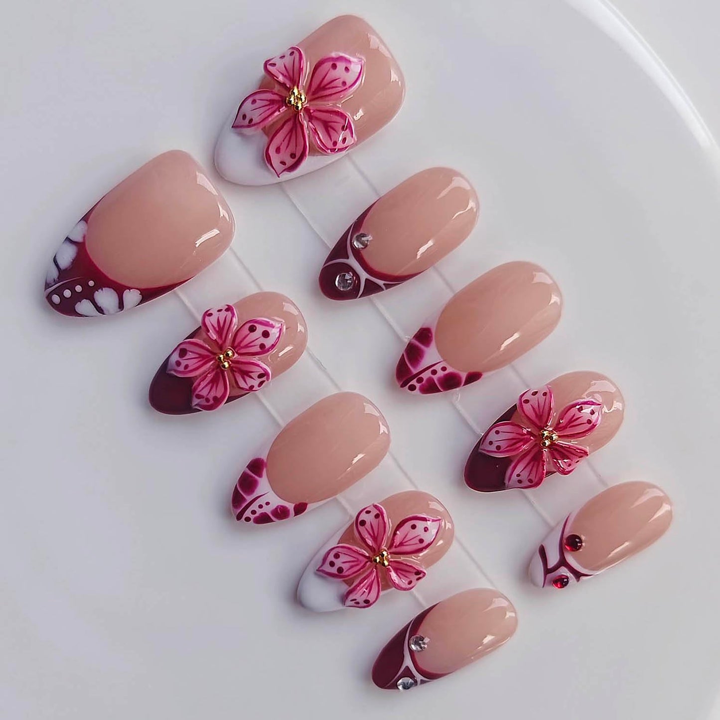 Luxury Handmade Almond Shape Press-On Nails | French Tip & 3D Flower Design - Nude Base, 10pcs for Spring & Daily Use