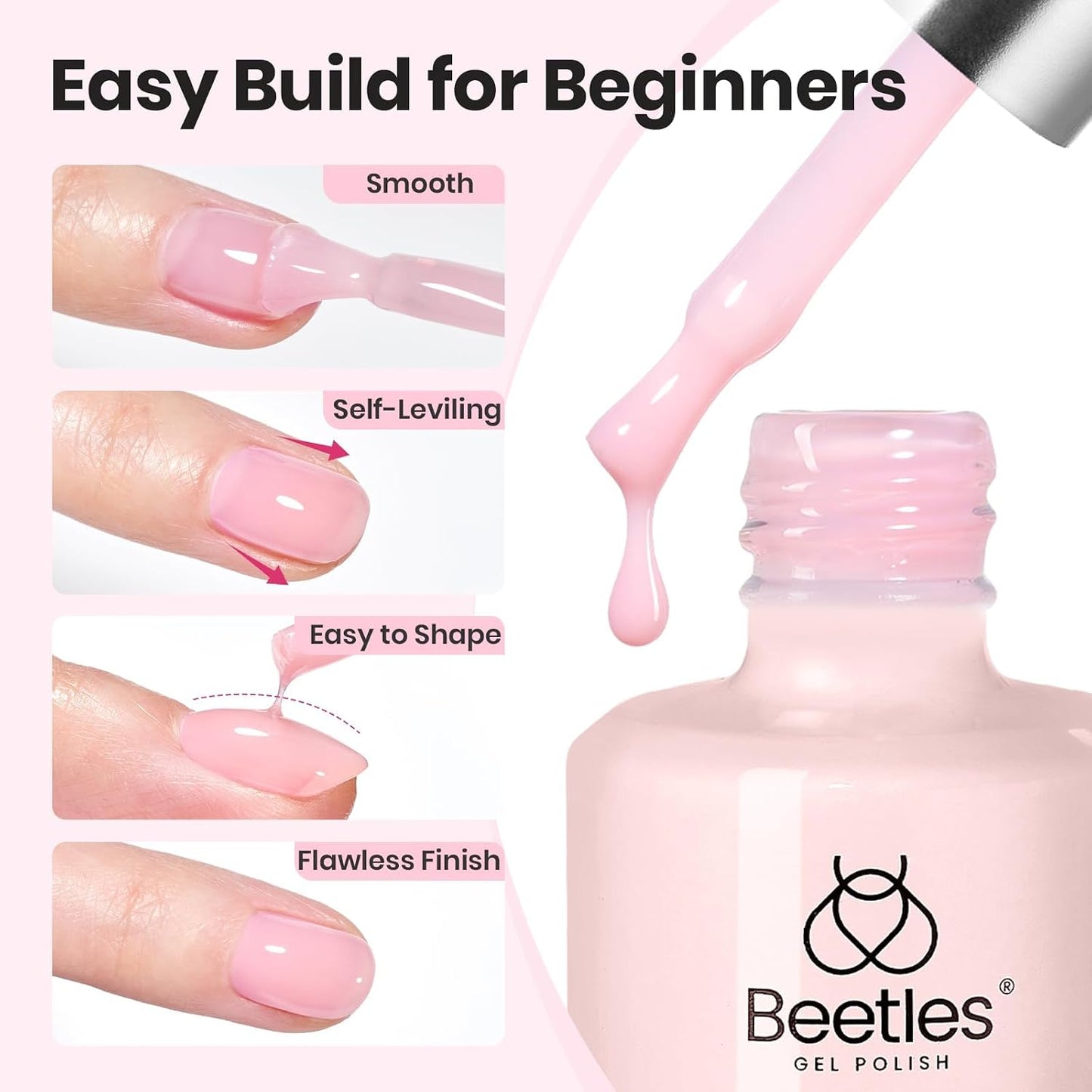 Beetles Builder Gel - 0.5oz Jelly Pink Nail Building Gel | HEMA & TPO Free, 7-in-1 Strengthening Formula for DIY Nail Art
