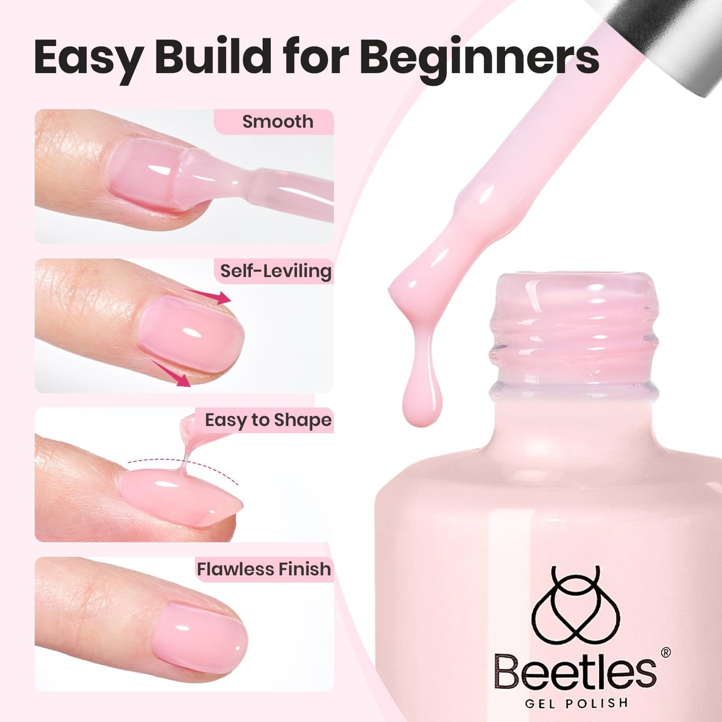 Beetles Builder Gel for Nails,0.5oz Jelly Pink Building Gel HEMA & TPO Free,7 in 1 for Strengthening Nails Building Apex & Extension with Nail Art Brush, Beginner Friendly,DIY UV Nail Salon at Home