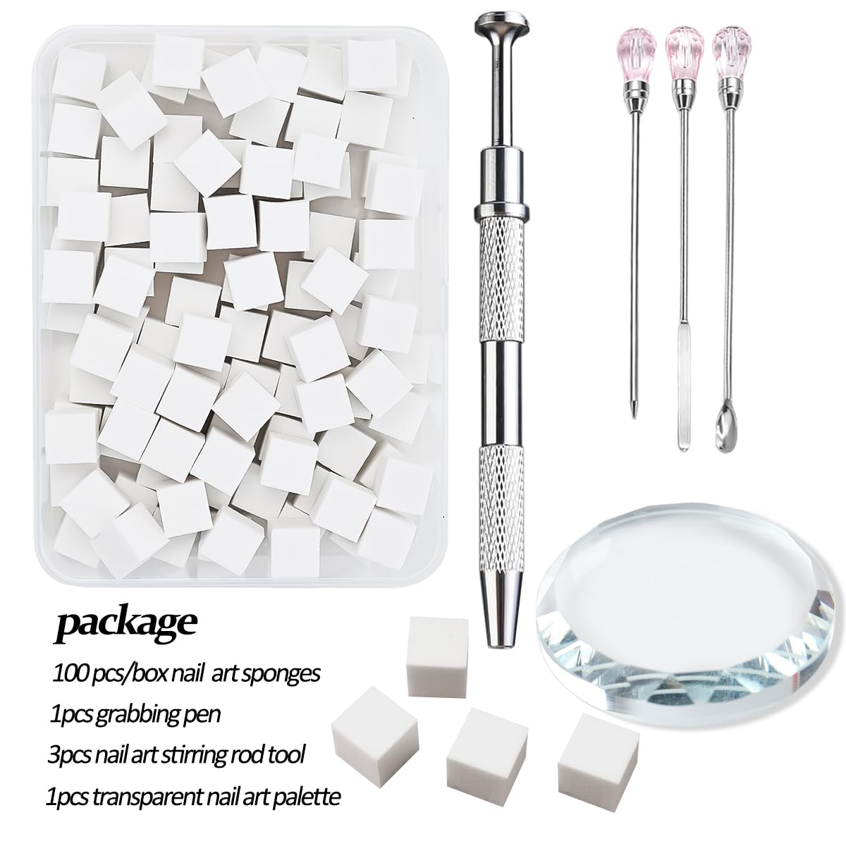 100Pcs/Box Nail Art Sponge for Ombre,Soft Nail Sponges with Grabbing Pen,Gradient Effect Painting Gel Halo Dyeing Tool Brush,Round Glass Palette Mixing Rod for Blooming Nails, Aura Nail,Manicure Salon