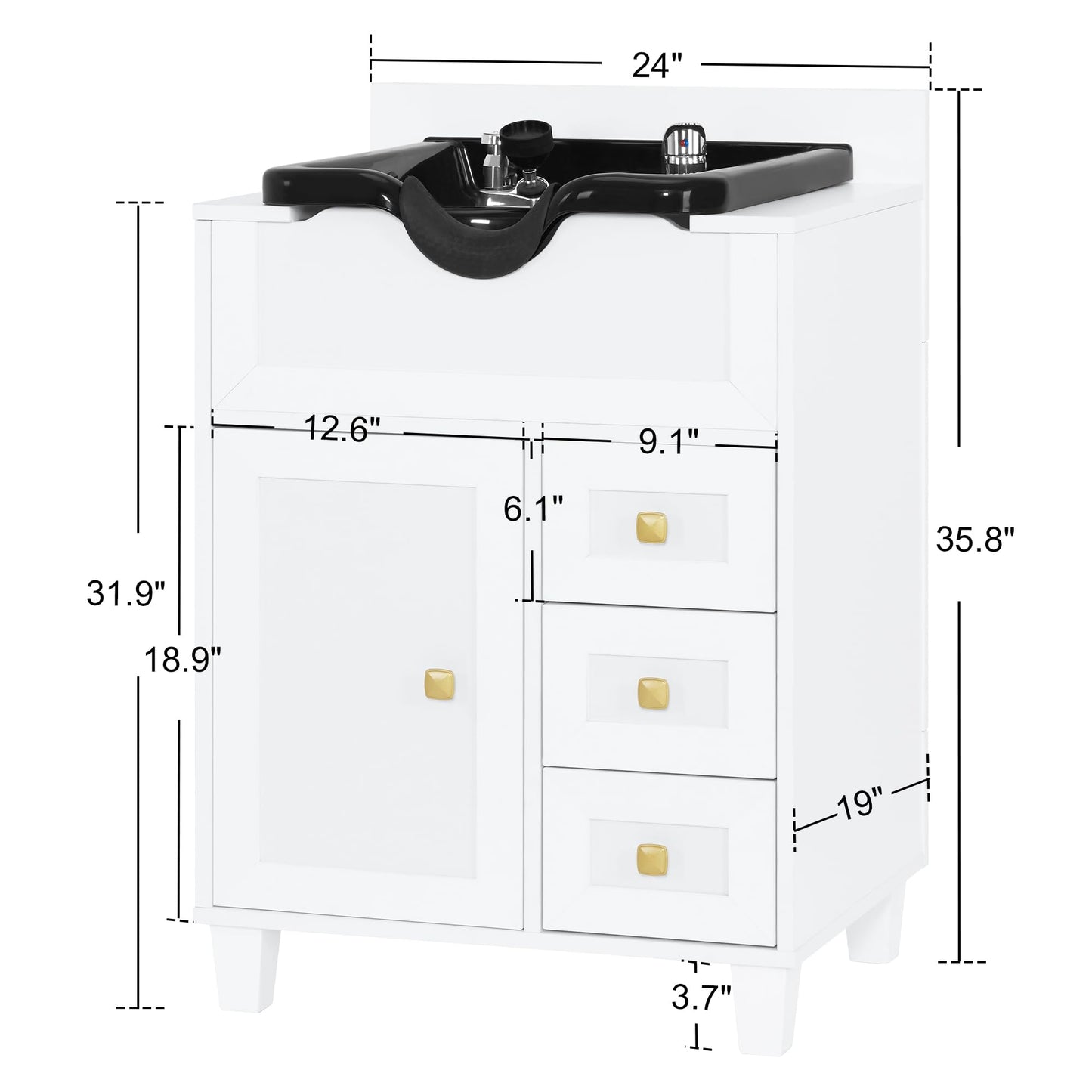 BarberPub Barber Storage Shampoo Station, Spa Textured Embossed Cabinet with Shampoo Bowl & Drawers, Hair Salon Sink Backwash Equipment 7131 (White)