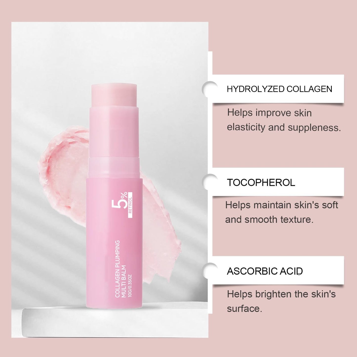 Pink Collagen Volume Multi Balm Stick, Korean Balm Stick for Face with Collagen, Retinol, Caffeine, Volumizing Plumping Hydrating Firming for Face, Eyes, Lips, Neck, 0.35OZ