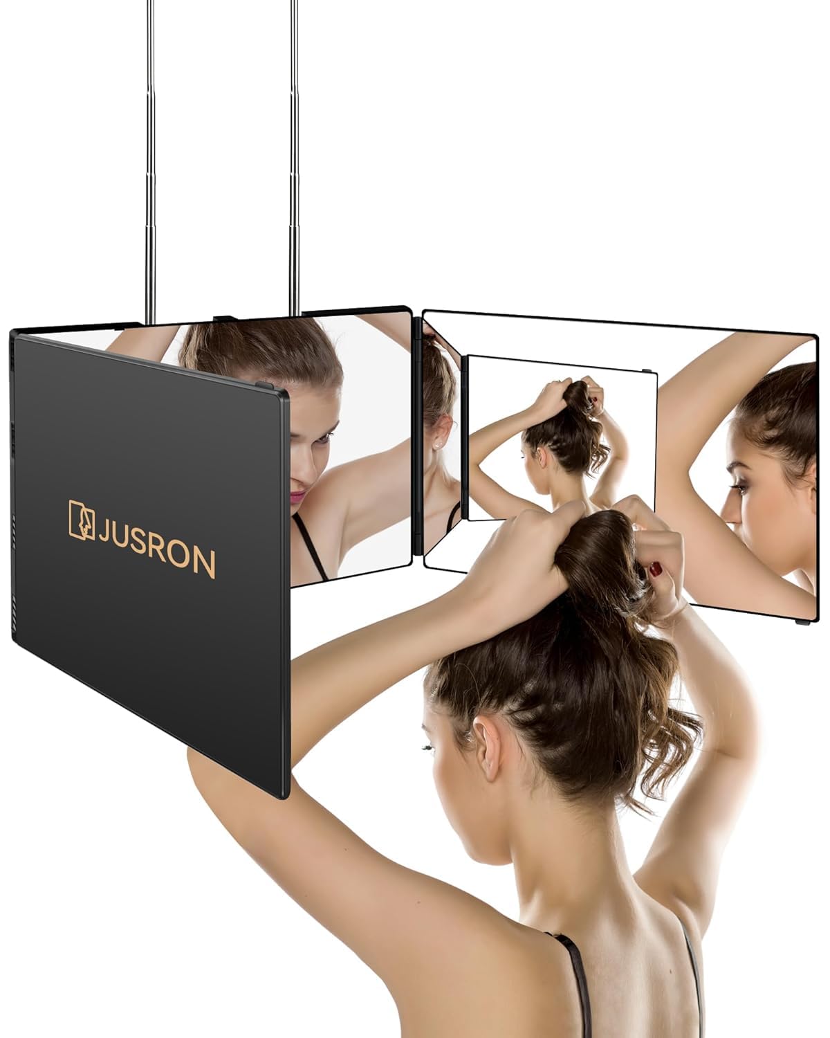 JUSRON 360-Degree Self Hair Cutting Mirror - Clear Anti-Fog HD Glass | Black, No LED or Accessories