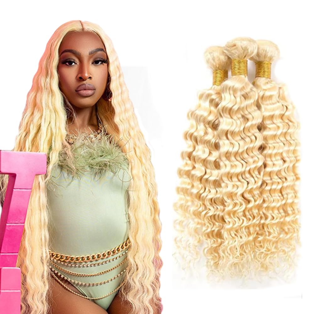 20 22 24 Inch 613 Human Hair Bundles Blonde Deep Wave 3 Bundles 10A Brazilian Virgin Remy Hair Extensions 613 Human Hair Bundles 150g