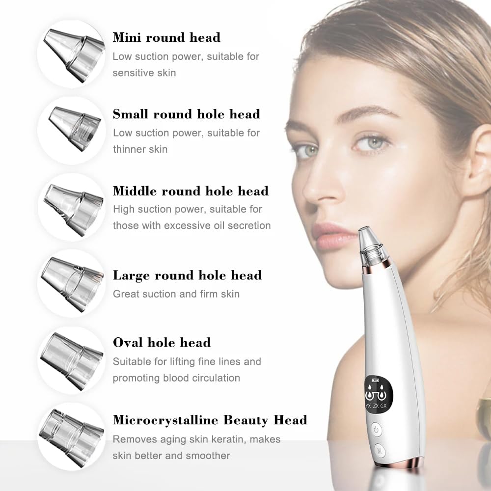 Blackhead Remover Pore Vacuum for Face & Nose, Blackhead Extractor with 3 Adjustable Suction Levels, 6 Removal Tools, USB Rechargeable Facial Pore Cleaner for Women & Men (White)