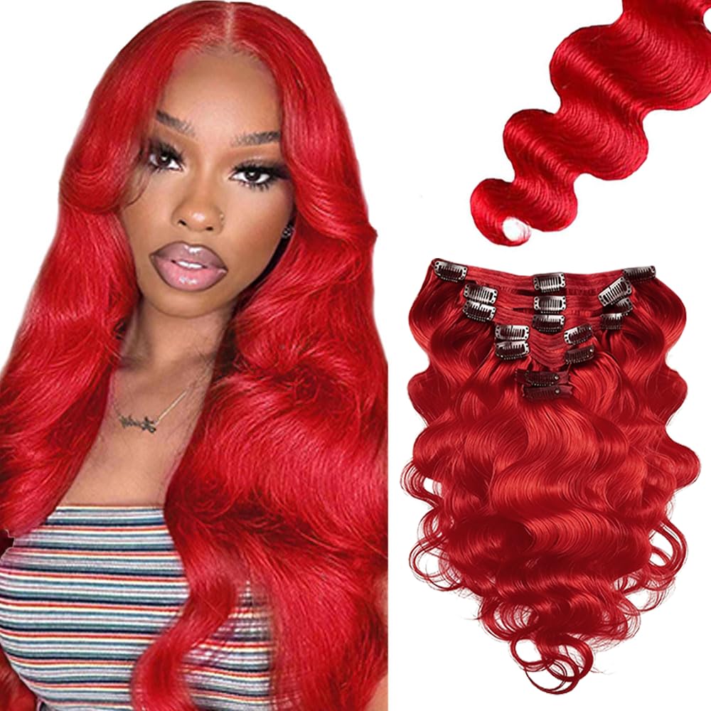 Red Clip in Hair Extensions Real Human Hair, 16 Inch 120g/7Pcs,Full Shine Remy Human Hair,Wine Red Body Wave Clip ins Brazilian Virgin Human Hair Extensions