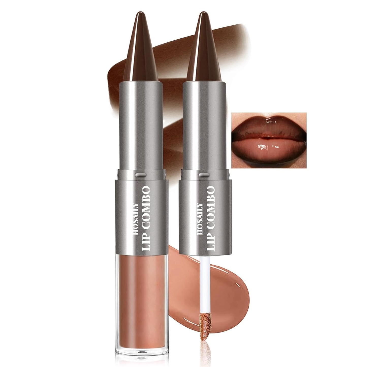 2 in 1 Lip Combo Set - Dark Brown Lip Liner & Moisturizing Liquid Lipstick | Plumping Glossy Finish