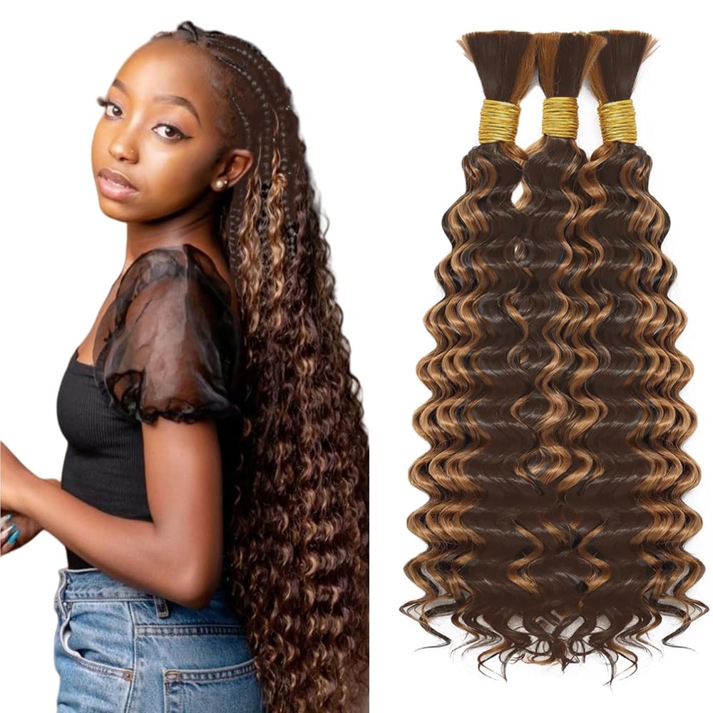 34 34 34 Inch Highlight Brown Human Braidng Hair For Boho Braids P4/30 Boho Human Hair Braiding Deep Wave Braids 3 Bundles/Pack Brown Color 150g