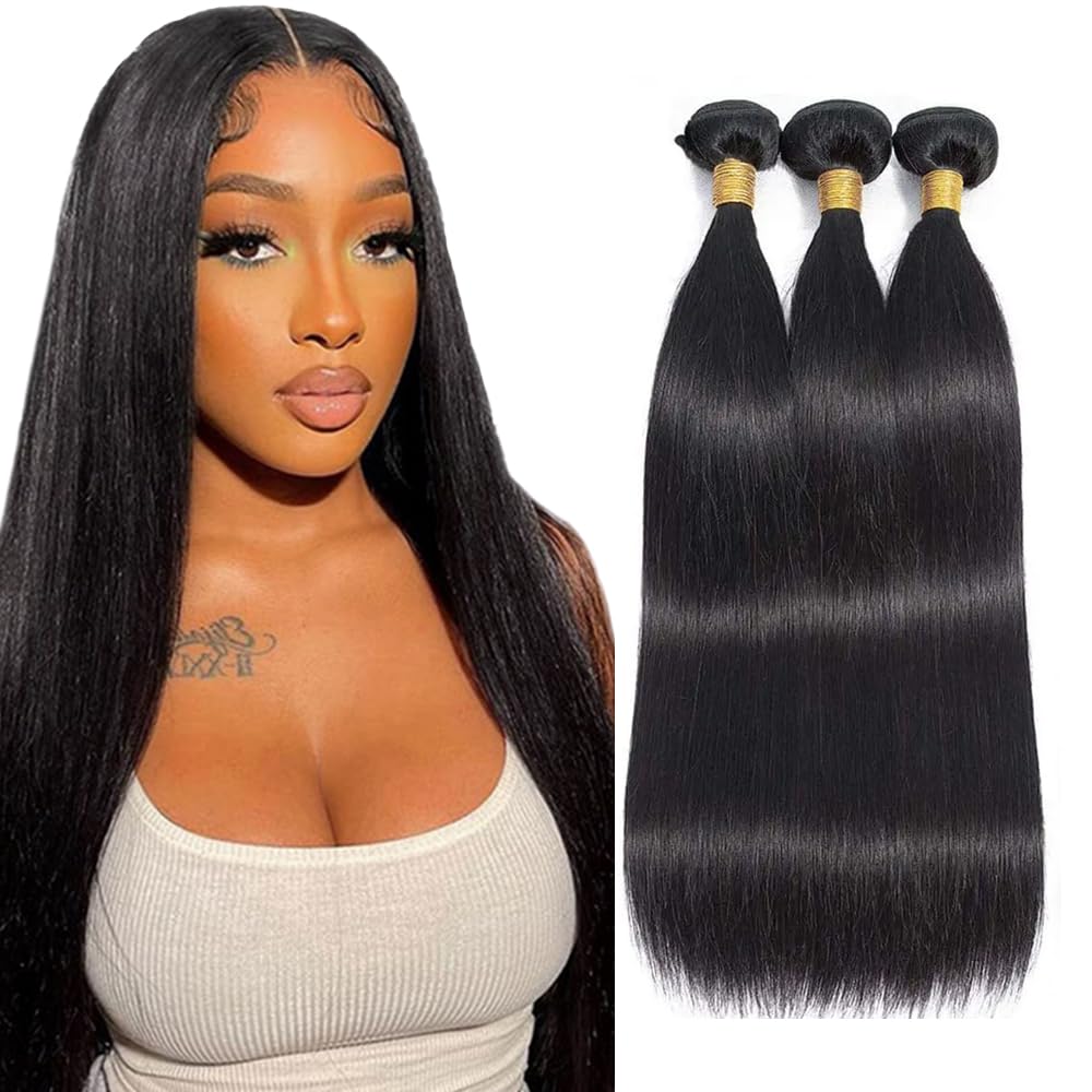 28 30 32 Inch GveoXvo Straight Human Hair Bundles Natural Color Bundle Human Hair Mixed Length 3 Bundles