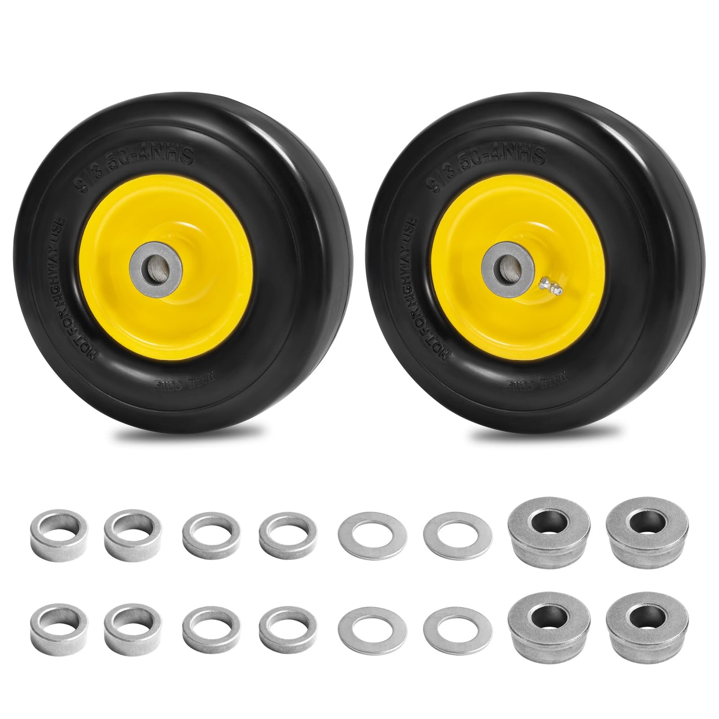 Parts Camp 9x3.50-4" Flat Free Tire and Wheel Lawnmower Tire,front zero turn mower/garden tractors/wheelbarrows/garden carts Tires With 3/4" & 5/8" Bushing,3.5"-4" Centered Hub(Set of 2)