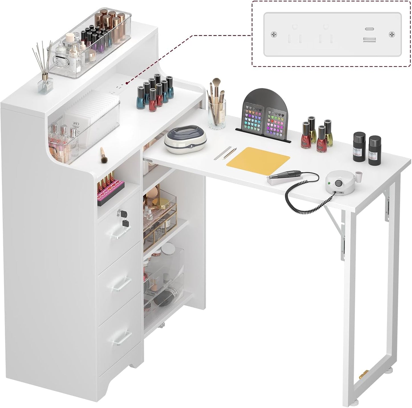 Foldable Nail Desk - L Shape Manicure Table with Drawer & Charging Station | Portable Beauty Salon Workstation (White)