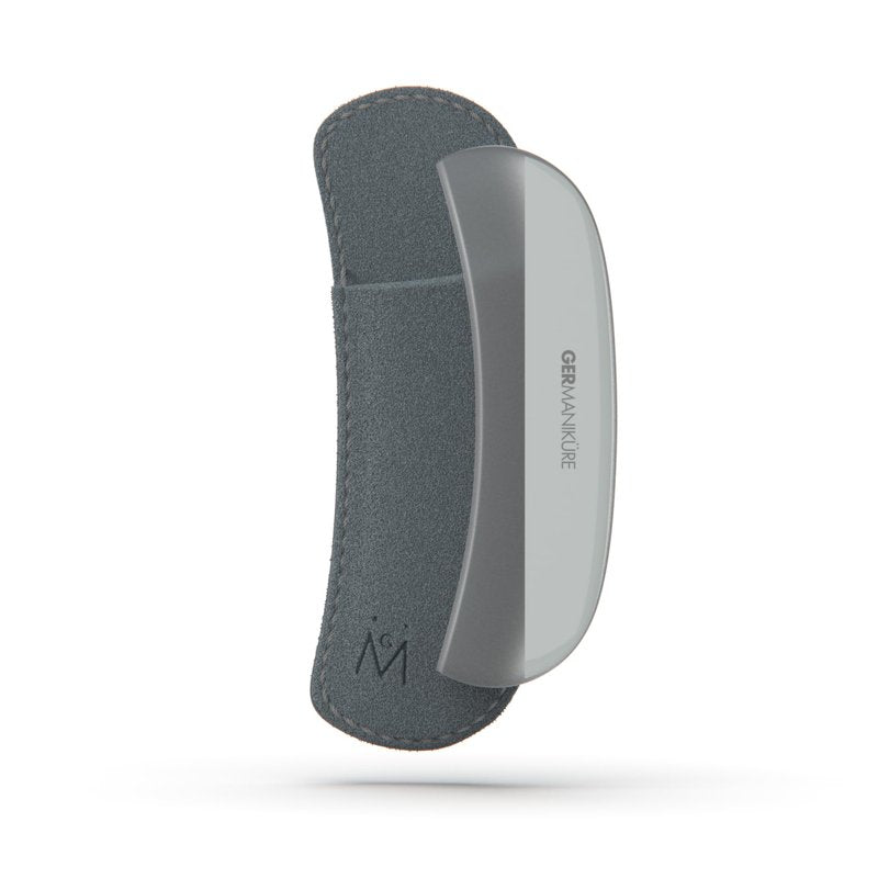 GERMANIKURE Gray Glass Moonfile in Suede Case, Ethically Made in Czech Republic, Easy Guided Nail File