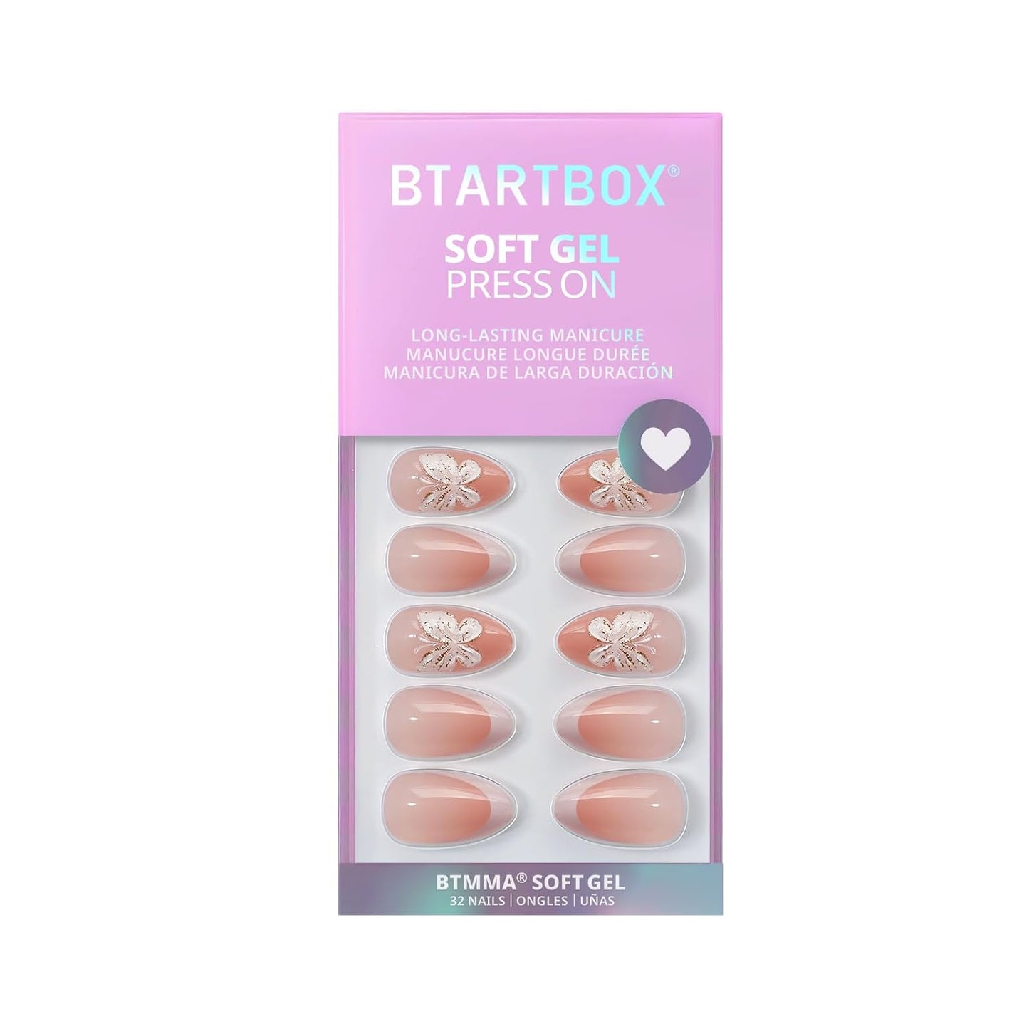 Press On Nails - 3D Butterfly French Tip Almond Design | Opaque Soft Gel, 16 Sizes, 32 Nail Kit