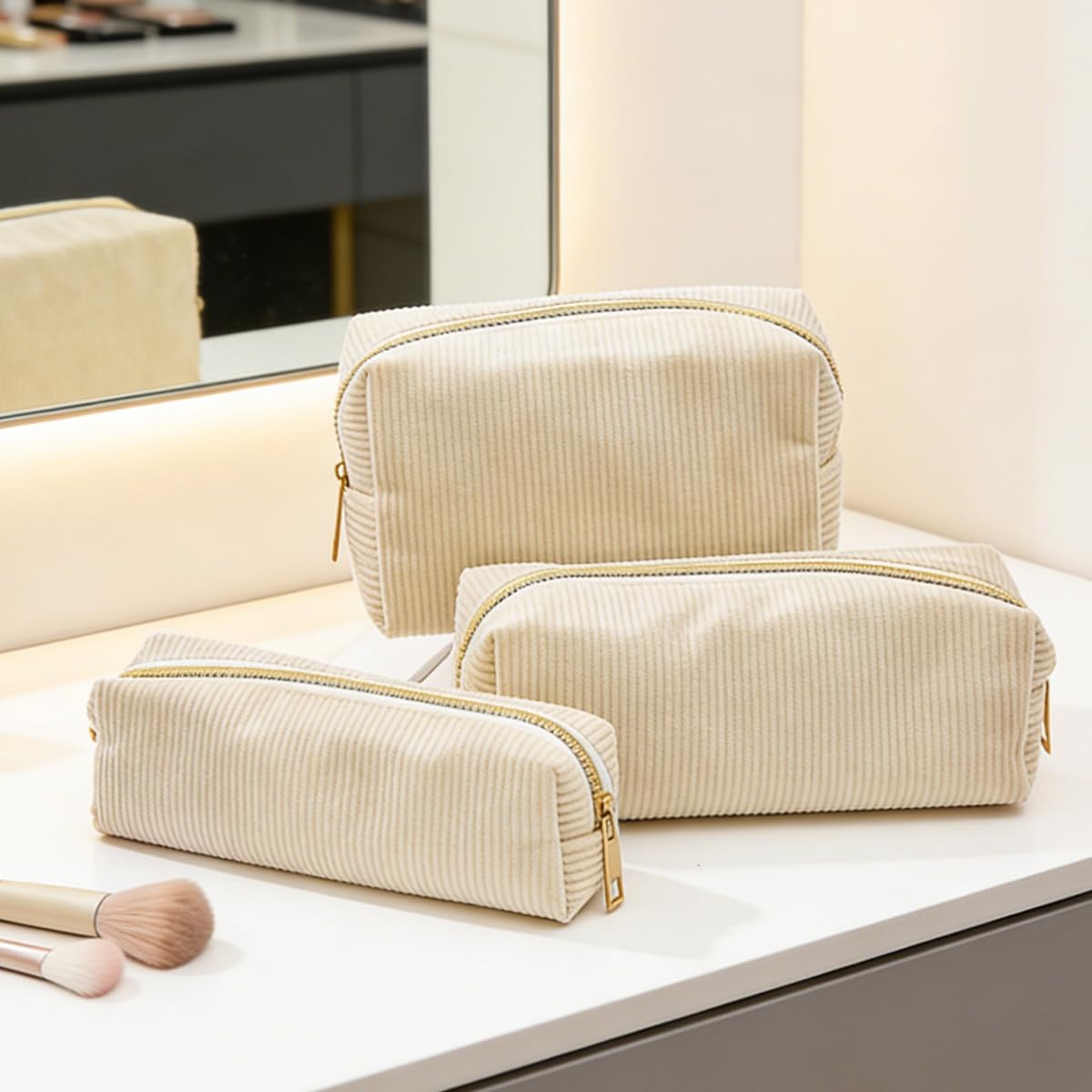 Ordeonrus 3 PCS Small Makeup Bag Set for Women Corduroy Cosmetic Bags Aesthetic Travel Toiletry Bag Cute Pencil Case for School Christmas Holiday Organizer Gifts