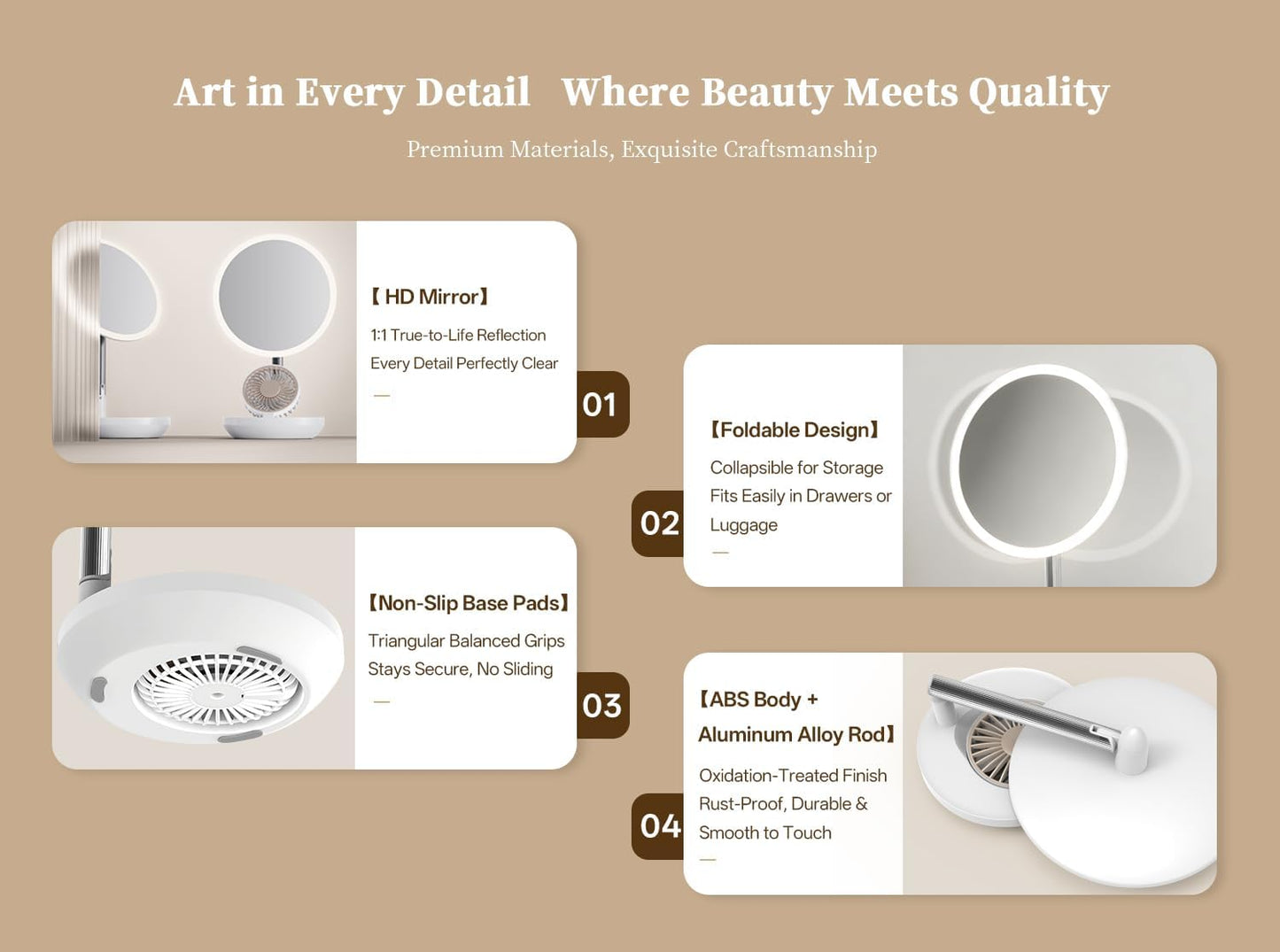 LED Makeup Mirror - 3-in-1 Rechargeable Vanity Mirror with Fan & Ring Light | 3 Color Modes, Stepless Dimming, Portable (White)