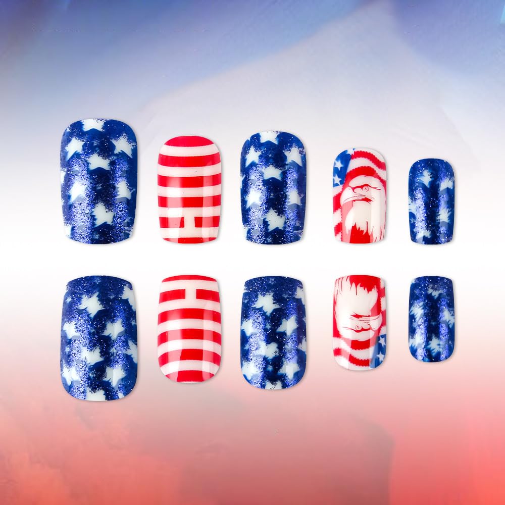 24Pcs 4th of July Press on Nails Medium Square Fake Nails with Star | Eagle Designs Patriotic Glossy False Nail Fourth of July Nails - 4th of July Nails for Women Girls