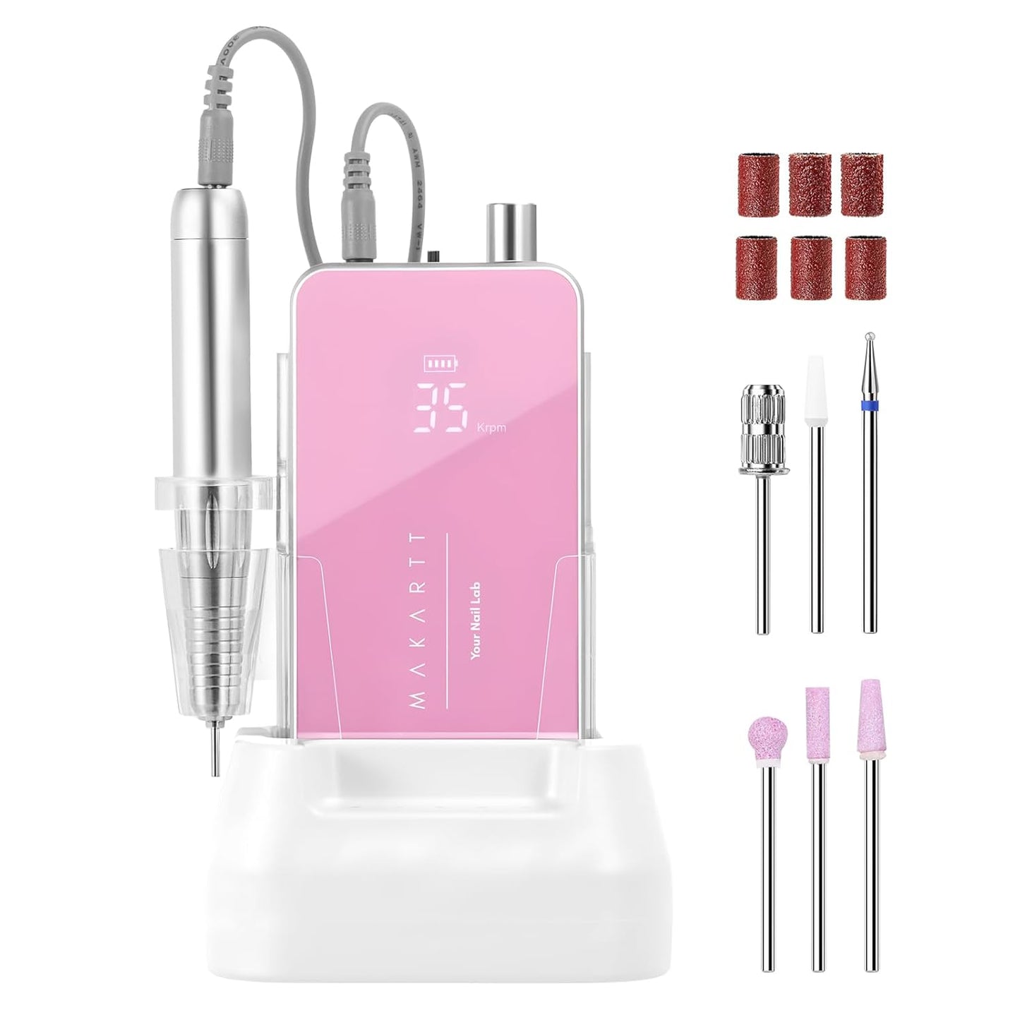 Makartt Nail Drill - 35,000RPM Rechargeable Electric Nail File for Acrylic & Gel Removal | 2-in-1 Portable & Desktop, LCD Display, Nouvella Pink