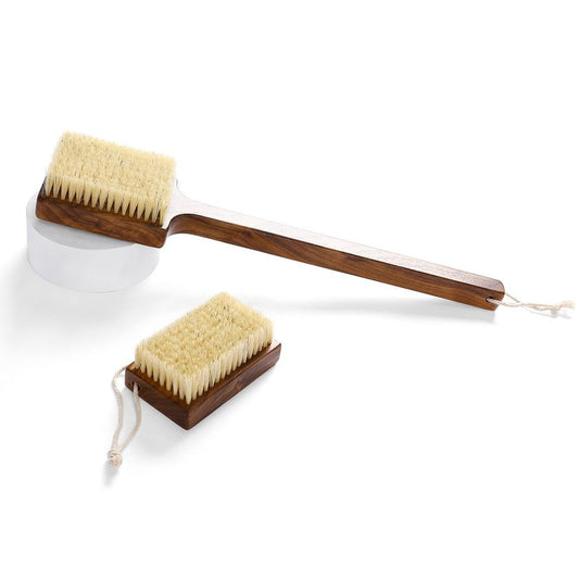 KOSMU Luxury Natural Walnut Wood Boar Bristle Body Brush | Exfoliating & Detoxifying for All Skin Type | Sweeps Away Dead Skin Cells for Luminous, Smooth Skin | for Wet and Dry Use (Body Brush Set)