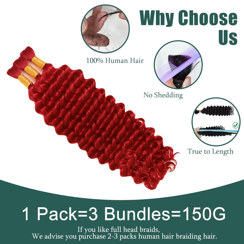 Red Boho Hair for Braiding Deep Wave Bulk Red Boho Human Hair 16 16 16 Inch No Weft Brazilian Red Deep Wave Bulk Braids Extensions
