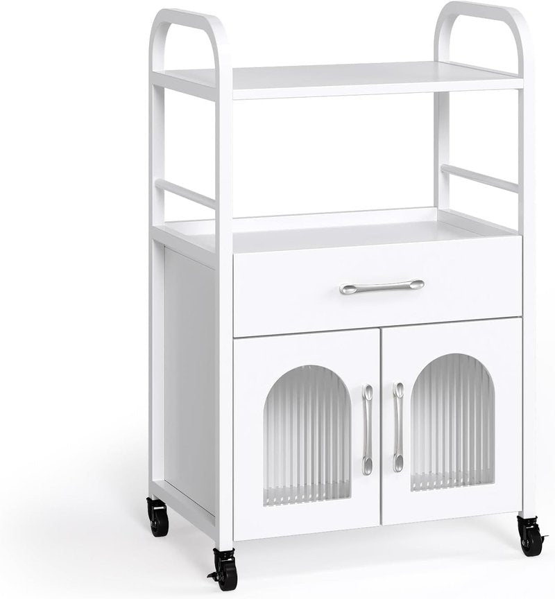 OmySalon Salon Trolley Cart - Mobile Esthetician Storage Station with Drawer & Tray | Lockable Wheels, White