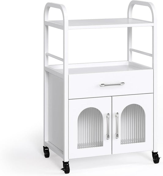 OmySalon Salon Trolley Cart - Mobile Hair Styling Station with Drawer & Tray | Lockable Wheels, White