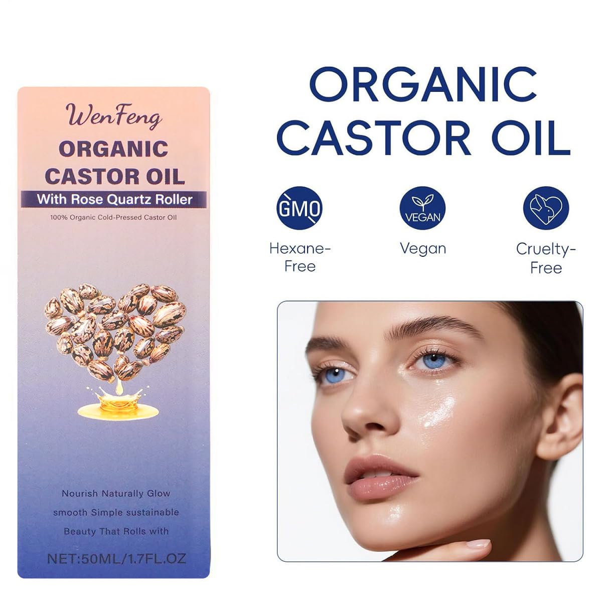 WenFeng Organic Castor Oil Roll On with Rose Quartz Roller Ball