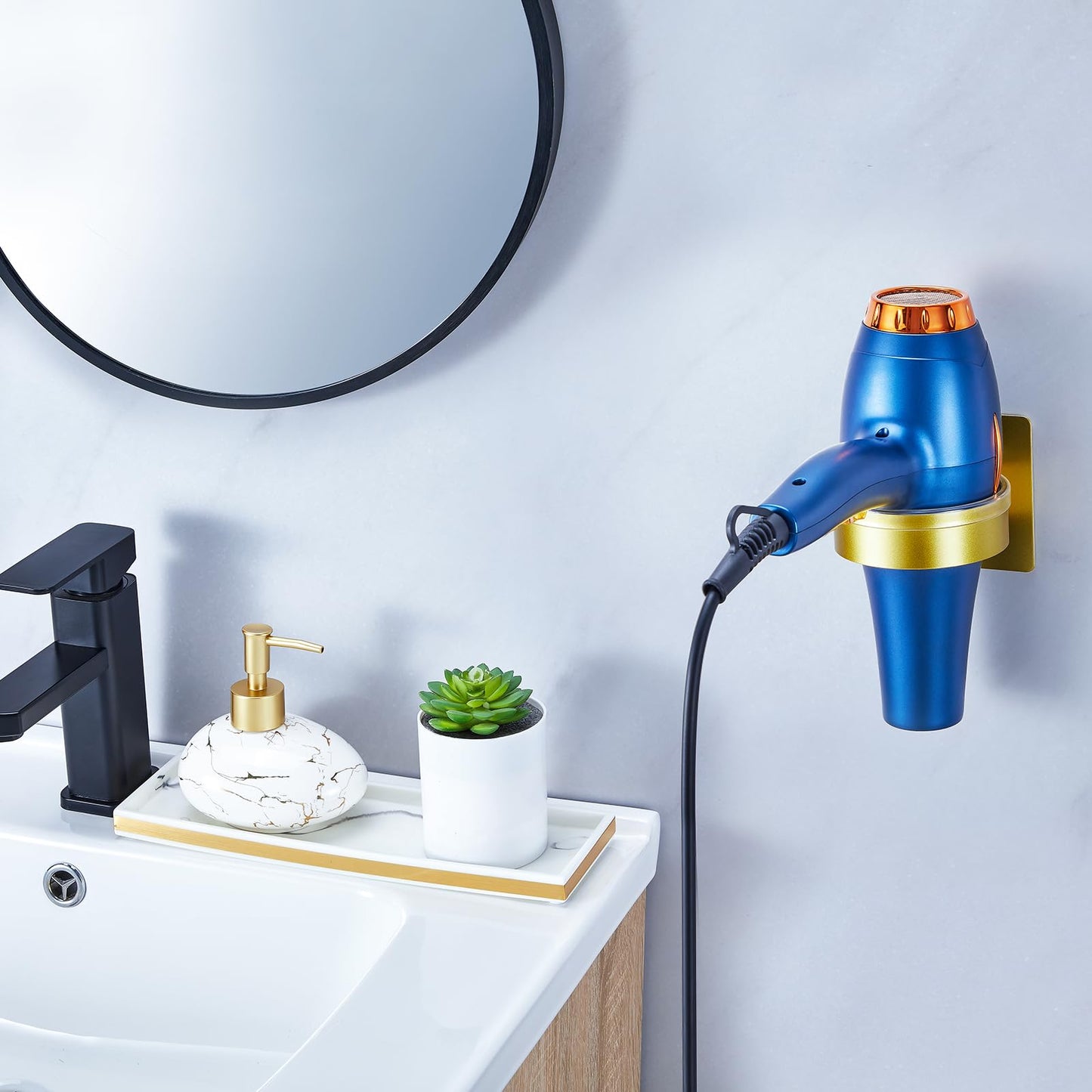 Oukimly Hair Dryer Holder Wall Mounted, Blow Dryer Holder, Hair Tool Organizer for Hair Dryer Storage Hanger, Adhesive Hairdryer Holder for Bathroom Barber Shop (Gold)