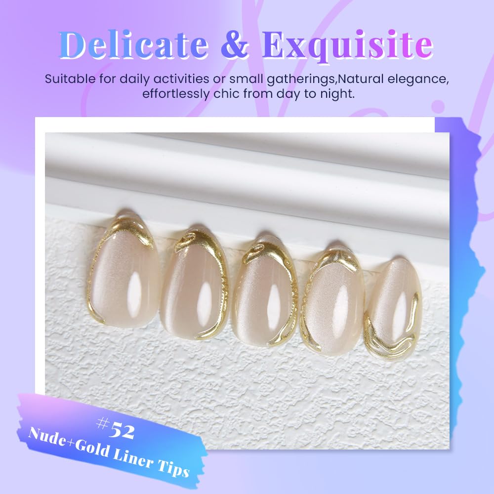evpct Nude Cat Eye Press on Nails Short Almond with Gold Liner Design, Gold French Tip Stick on Nail for Women Gift with Kit, Reusable Full Cover Soft Gel Press on Fake Nail with Cat Eye Design