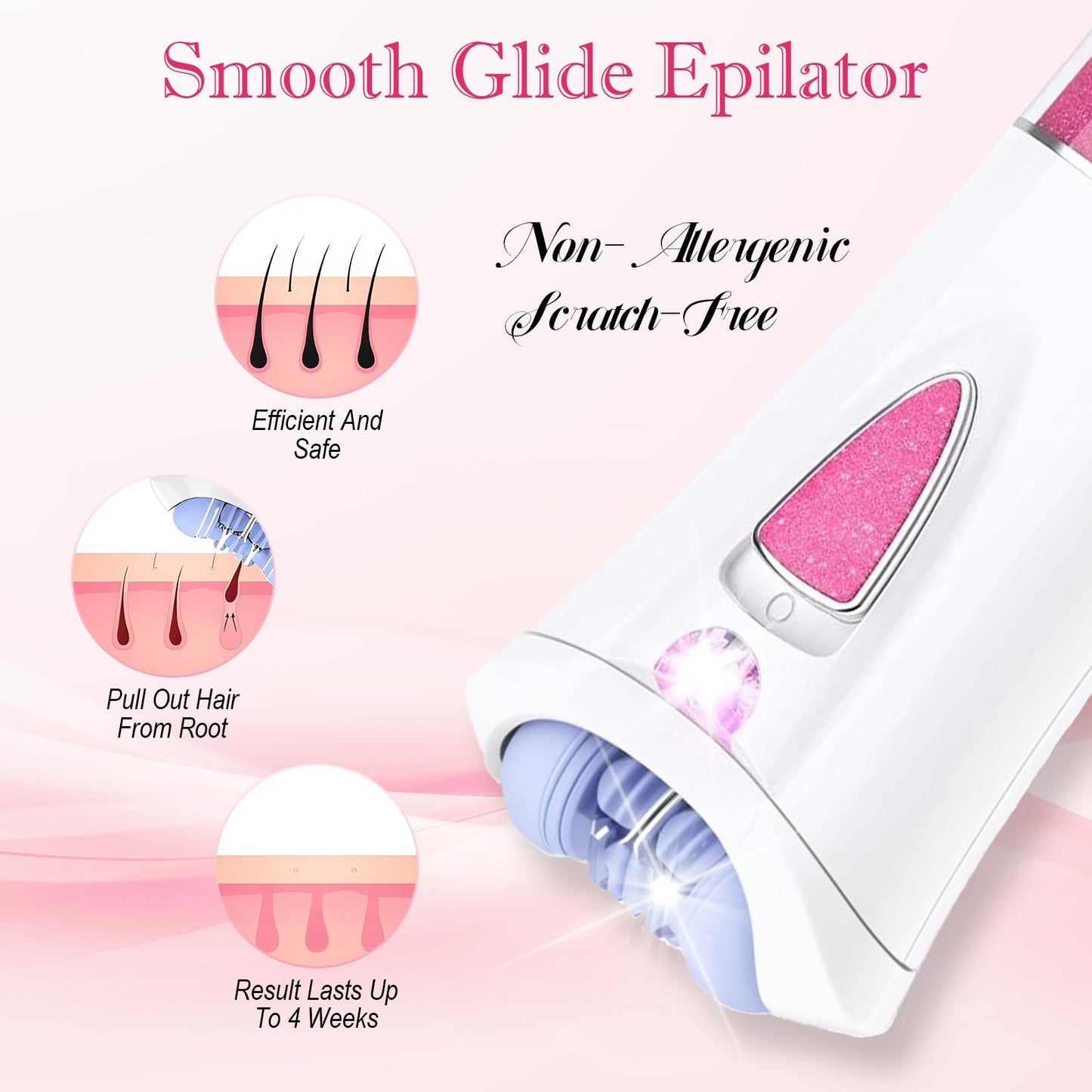Skin Epilator, 2025 New Skin Hair Remover for Face, Facial Hair Removal for Women with LED Light, Cordless Epilators Hair Removal for Facial, Arms, Legs and Bikini (Pink)