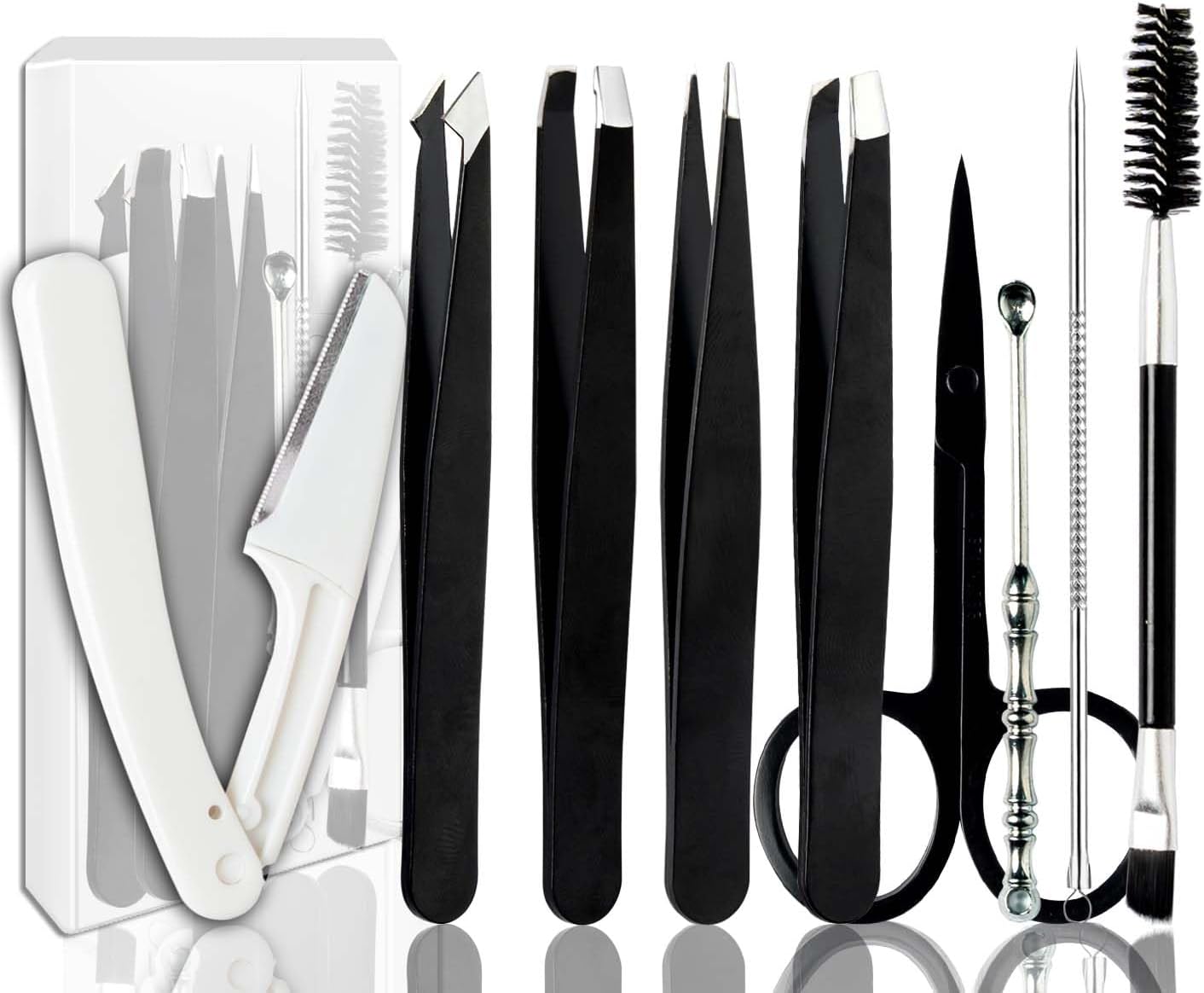 Professional Stainless Steel Tweezers Set for Women | Eyebrow & Facial Hair Removal Kit - 10-Piece Black Beauty Set