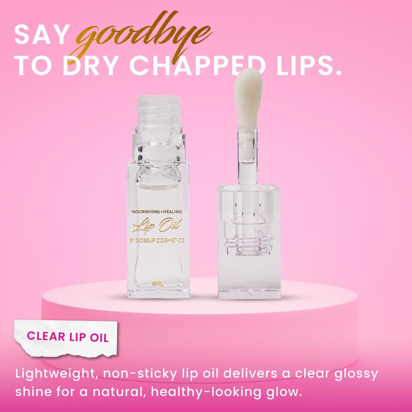 BossUp Cosmetics Clear Hydrating Lip Oil | Clear, Non-Sticky Moisturizing Lip Gloss Alternative | Scented Lip Care Products | Clean Beauty | Travel Size Shimmer Lip Gloss | 6 mL