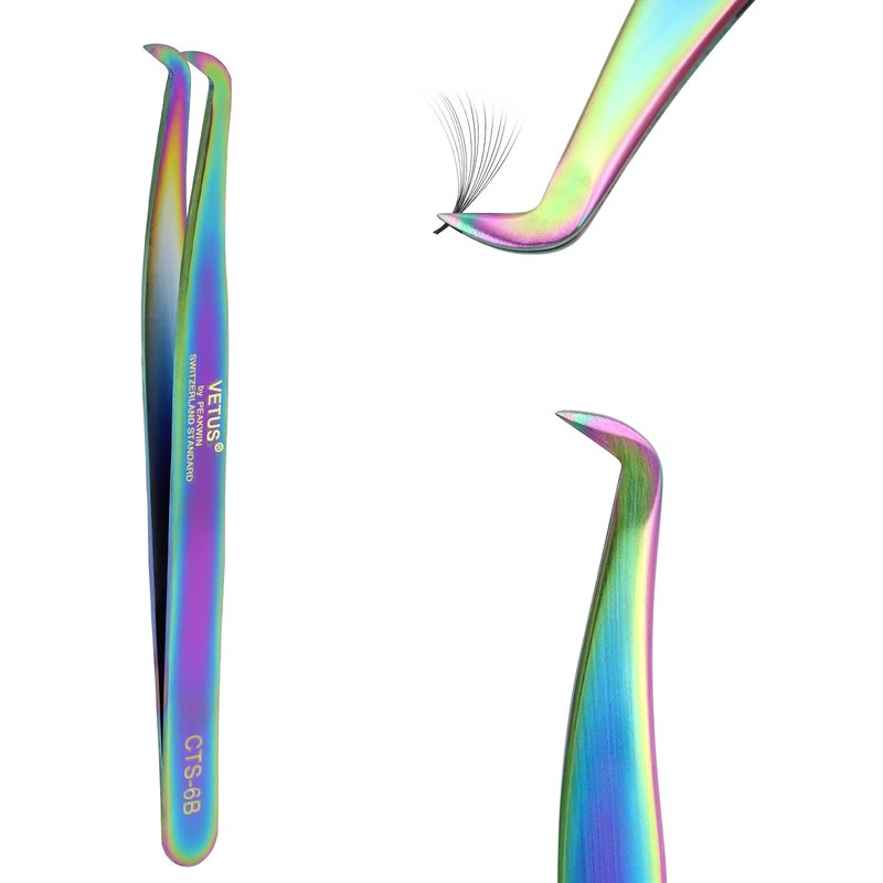 EMEDA L Curved Tweezers for Volume Lash Extensions Fiber Tip, Stainless Steel Tweezers Eyelash Extensions for Lash Artist and Beginners