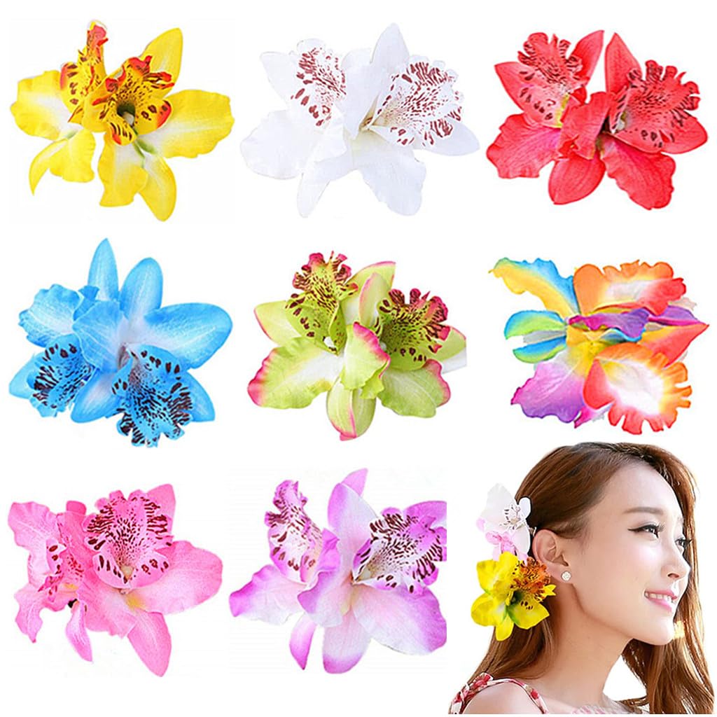 Flower Hair Clip - Bohemian Hawaiian Orchid Alligator Hairpin | 4 Inches, 8 Pieces